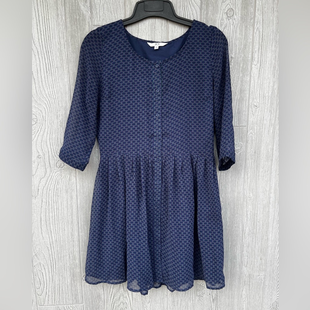 Jack Navy Geometric Print Dress Size 6 Sheer Sleeves